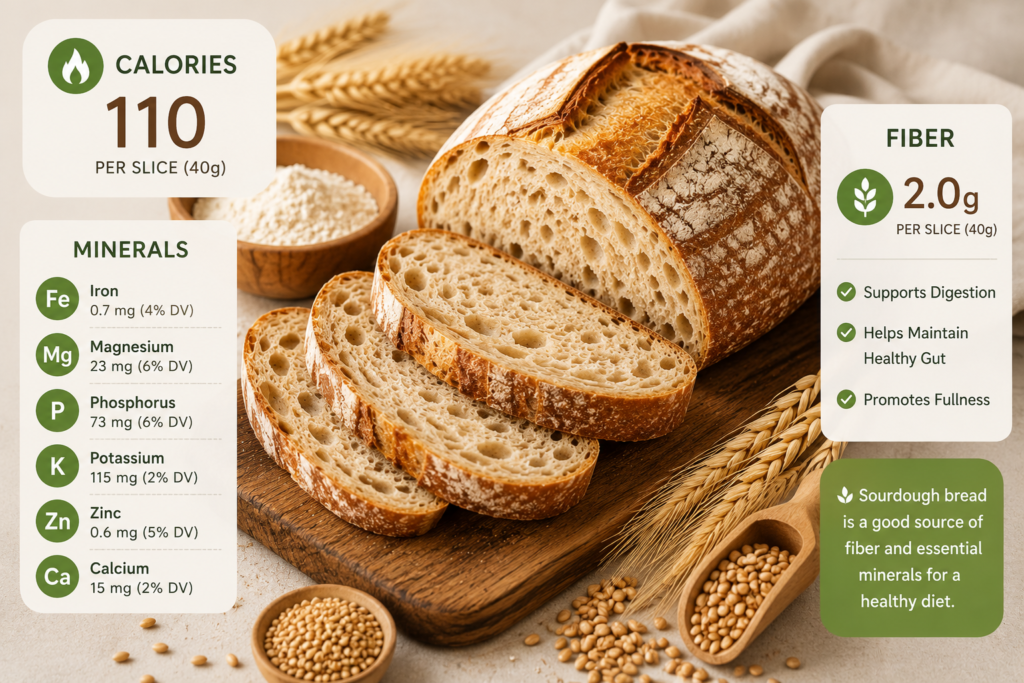 fibar, calories, minerals,crabs sough bread nutritions facts