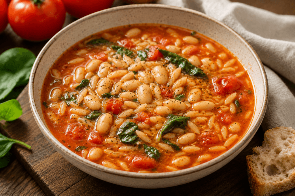 Tomato, Orzo, and White Bean Soup