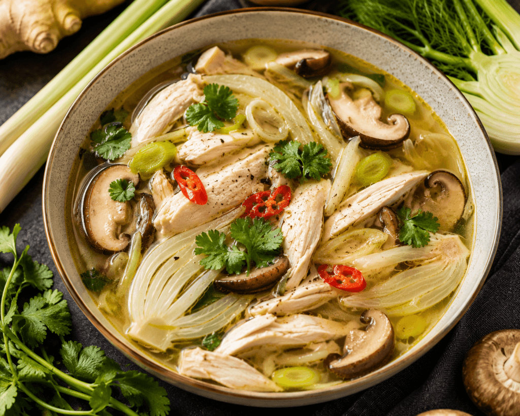Lemongrass Poached Chicken Soup with Fennel and Mushrooms