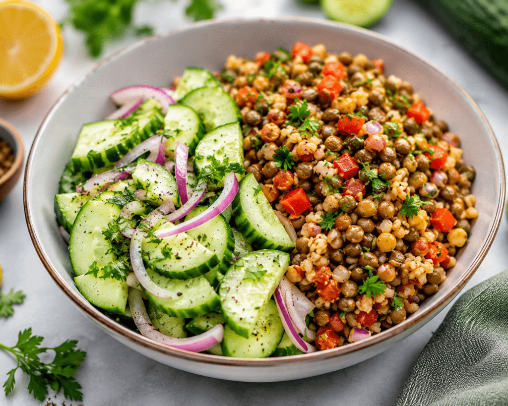 Cucumber Salad with Lentil Pilaf