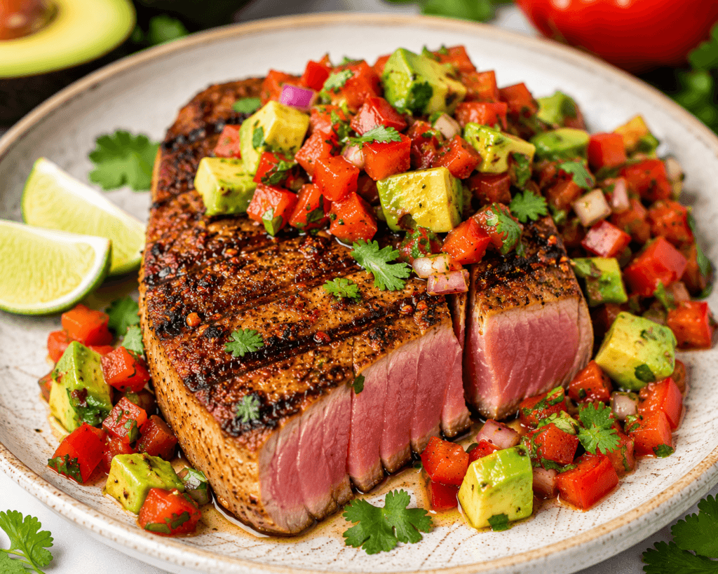 Mexican-Spiced Tuna Steak with Red Pepper-Avocado Salsa